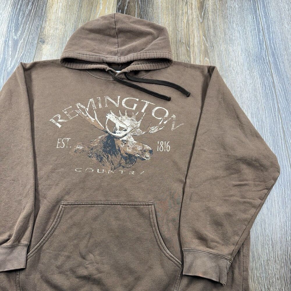 Vintage Remington Hoodie Mens L Brown Sweatshirt Moose Hunting Up North Sweater